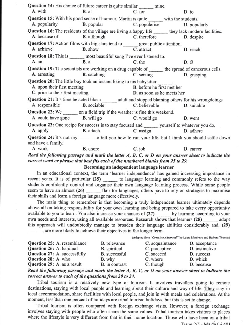 đề thi chính thức và đáp án môn Tiếng Anh kỳ thi tốt nghiệp THPT Quốc gia - 22