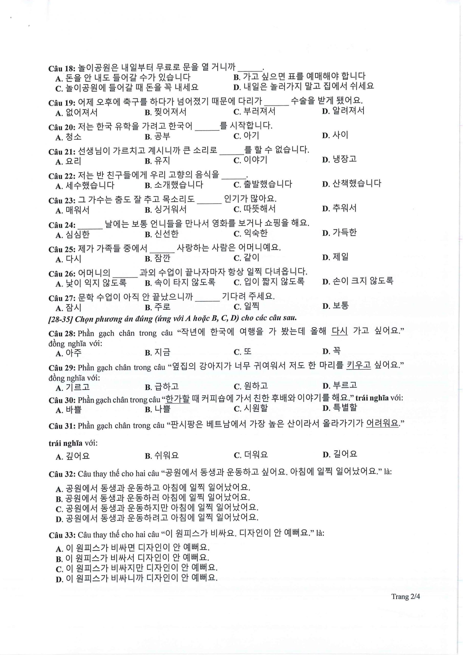 Đề tham khảo môn Tiếng Hàn – Kỳ thi tốt nghiệp THPT 2024 - 2