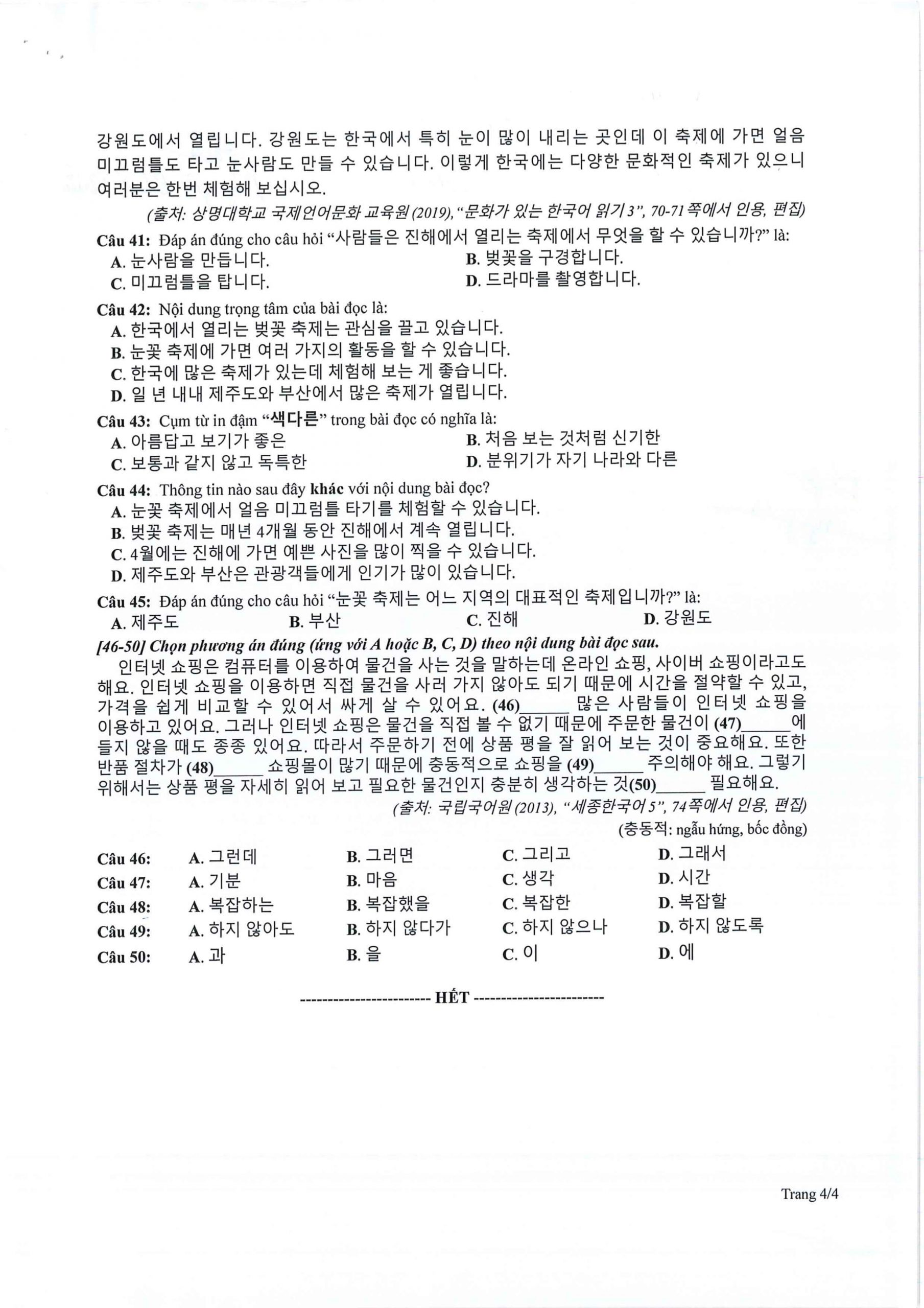 Đề tham khảo môn Tiếng Hàn – Kỳ thi tốt nghiệp THPT 2024 - 4